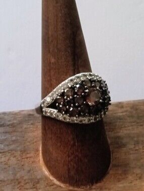 Sterling Silver 925 Paj Stamp Cluster Ring Brown & Clear Cubic Zirconias Size 9